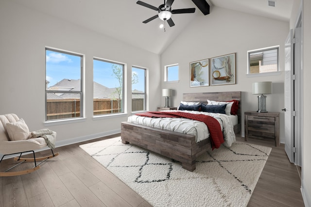 3100 Colt Ln, Celina, TX 75009 - bedroom with beamed ceiling, dark wood-type flooring, high vaulted ceiling, baseboards, and a ceiling fan
