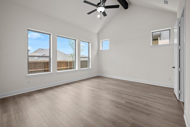 3100 Colt Ln, Celina, TX 75009 - empty room with ceiling fan, beam ceiling, high vaulted ceiling, wood finished floors, and baseboards