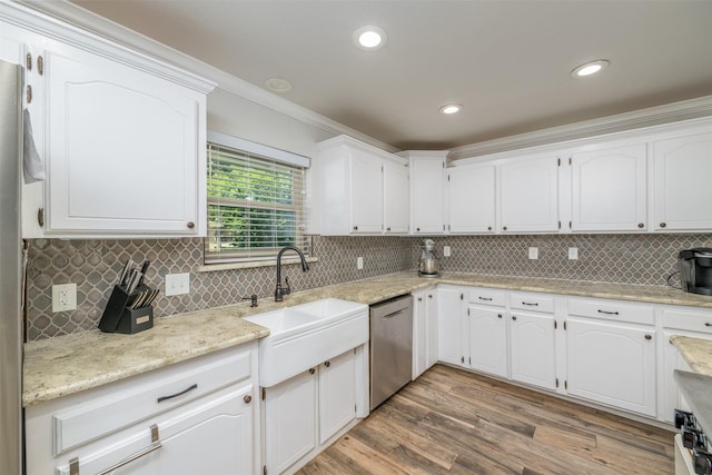 kitchen with white cabinetry, light wood-style floors, dishwasher, crown molding, and backsplash