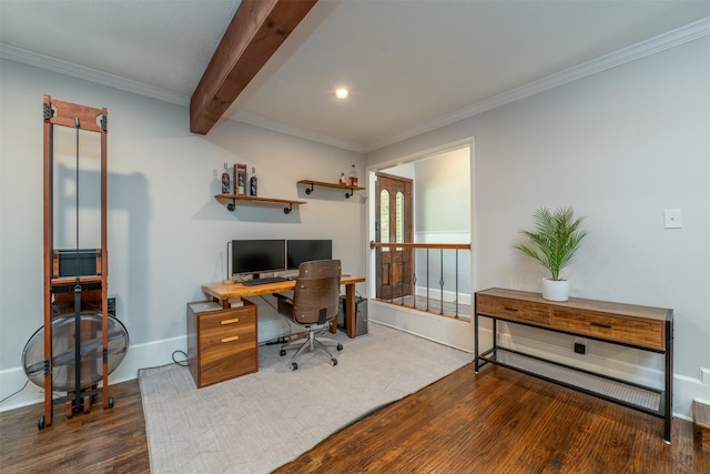 home office with wood finished floors, baseboards, recessed lighting, ornamental molding, and beamed ceiling