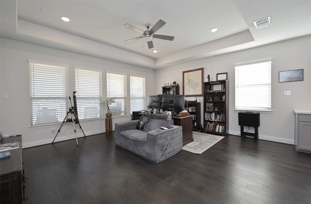 living area with plenty of natural light, a tray ceiling, and dark wood-style flooring