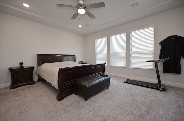 bedroom featuring recessed lighting, visible vents, baseboards, and carpet flooring