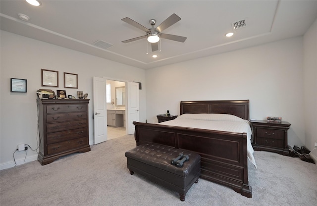 bedroom with visible vents, recessed lighting, carpet flooring, and baseboards