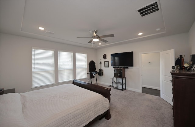 bedroom featuring carpet, recessed lighting, baseboards, and visible vents