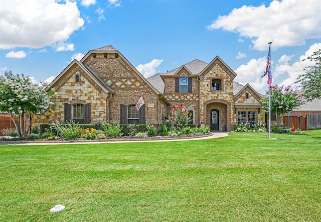 view of front of property with brick siding, a front yard, and fence