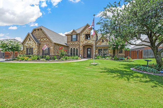 view of front facade with stone siding, brick siding, a front lawn, and fence