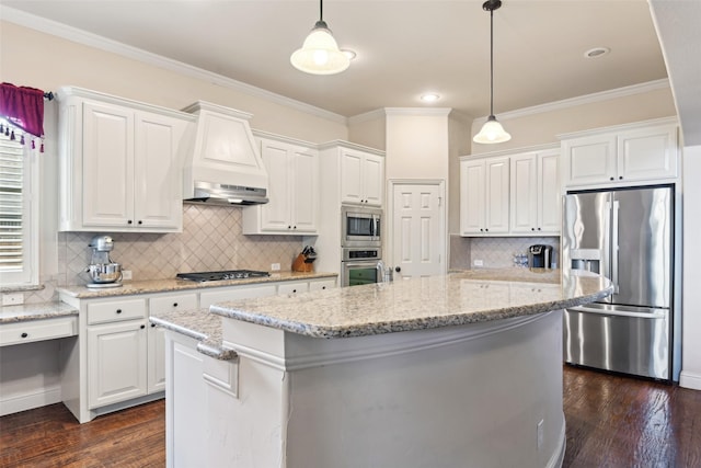 kitchen featuring white cabinets, crown molding, stainless steel appliances, and dark wood-type flooring