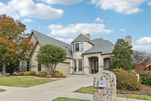 french country inspired facade featuring fence, roof with shingles, an attached garage, concrete driveway, and stone siding