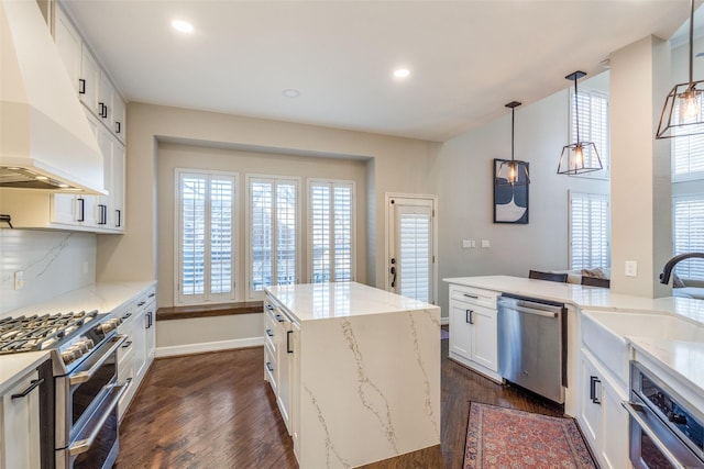 kitchen with dark wood-type flooring, a sink, light stone counters, stainless steel appliances, and custom exhaust hood