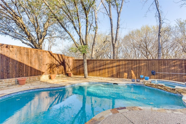 view of pool featuring a fenced backyard and a pool with connected hot tub