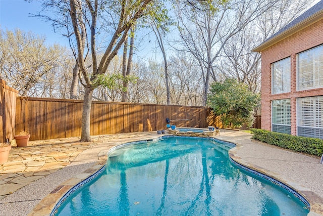 view of swimming pool featuring a patio, a fenced backyard, a fenced in pool, and a hot tub