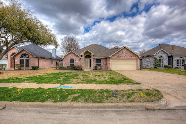 view of front of home with concrete driveway, an attached garage, brick siding, and a front lawn