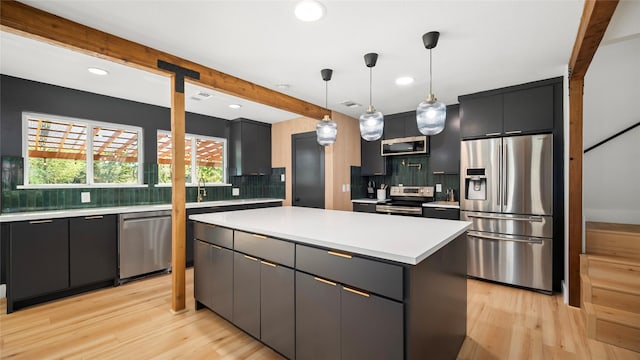 kitchen with tasteful backsplash, a kitchen island, light wood-type flooring, light countertops, and appliances with stainless steel finishes