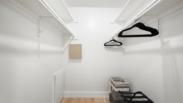 walk in closet with light wood-style floors