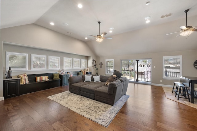 living room with visible vents, ceiling fan, recessed lighting, wood finished floors, and high vaulted ceiling