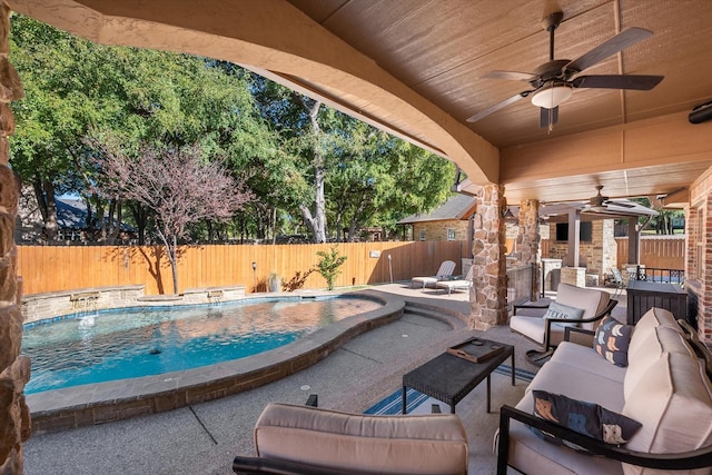 view of patio / terrace with a ceiling fan, an outdoor living space, a fenced backyard, and a fenced in pool