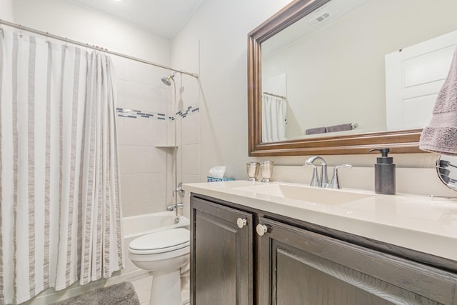 bathroom with visible vents, shower / bath combination with curtain, toilet, and vanity