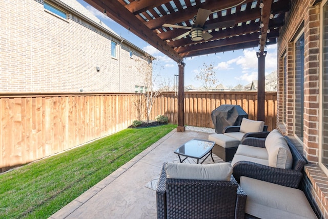 view of patio / terrace with an outdoor living space, area for grilling, a fenced backyard, a pergola, and ceiling fan