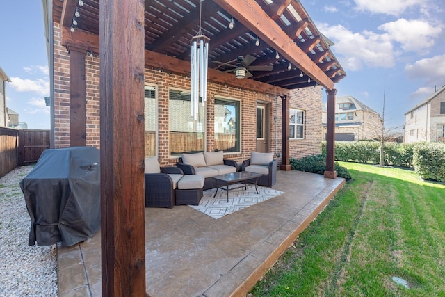 view of patio featuring outdoor lounge area, fence, and a pergola