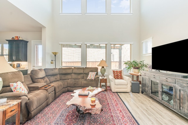 living room with light wood finished floors and a towering ceiling