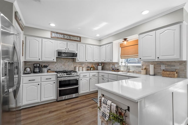 kitchen with crown molding, light wood-style flooring, appliances with stainless steel finishes, a peninsula, and a sink