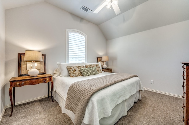 bedroom featuring visible vents, ceiling fan, baseboards, lofted ceiling, and carpet flooring