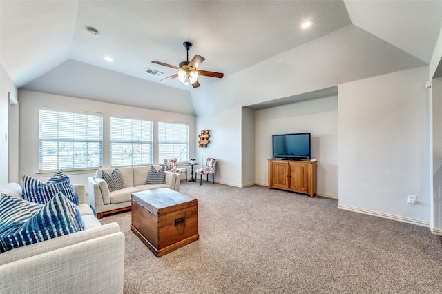 living room with light colored carpet, lofted ceiling, a ceiling fan, and visible vents