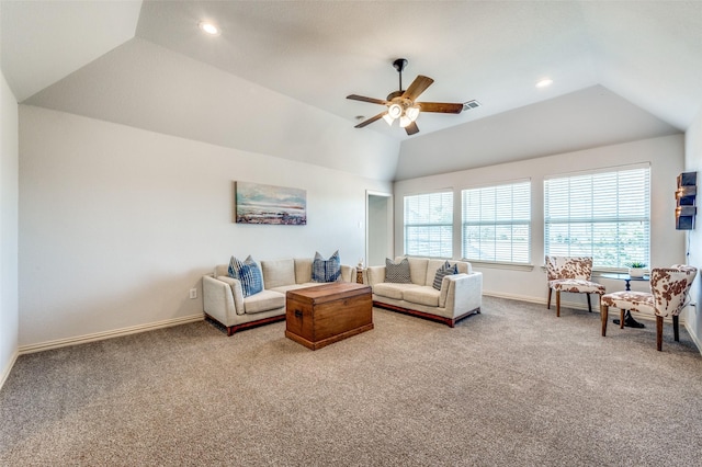 living room with visible vents, a ceiling fan, baseboards, carpet flooring, and lofted ceiling