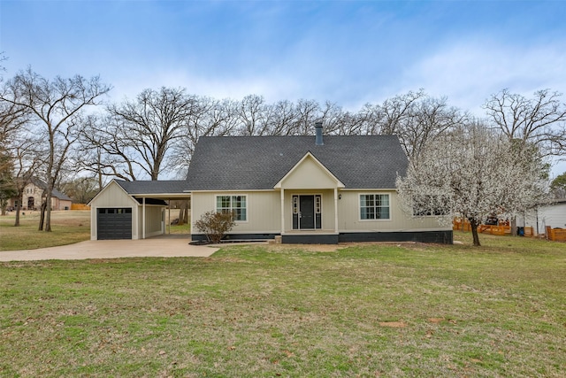 view of front of property featuring an attached carport, concrete driveway, a front lawn, and roof with shingles