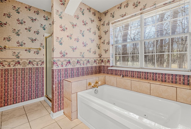 full bathroom with wallpapered walls, a garden tub, a stall shower, and tile patterned flooring