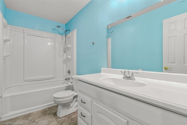 full bath with vanity, visible vents,  shower combination, tile patterned flooring, and toilet