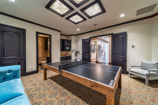 playroom with visible vents, recessed lighting, and ornamental molding