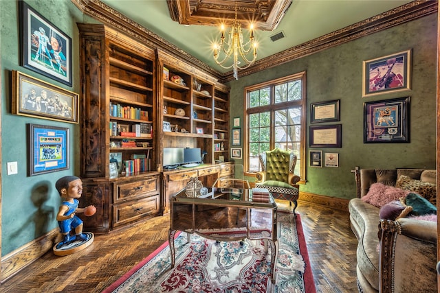 living area with crown molding, stairway, an inviting chandelier, a towering ceiling, and dark wood-style floors