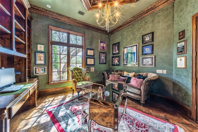 office with a chandelier, visible vents, crown molding, and baseboards