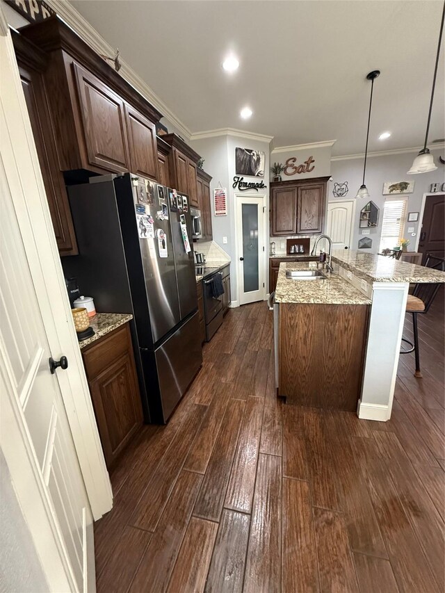 dining area with hardwood / wood-style floors, baseboards, visible vents, crown molding, and a notable chandelier