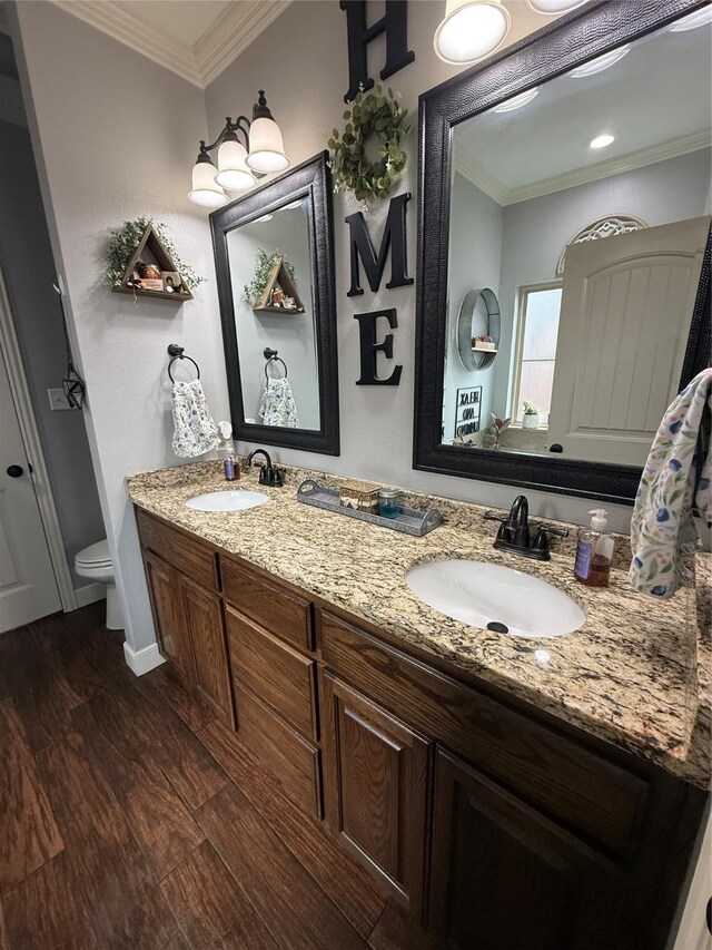 bathroom featuring wood finished floors, crown molding, and a sink