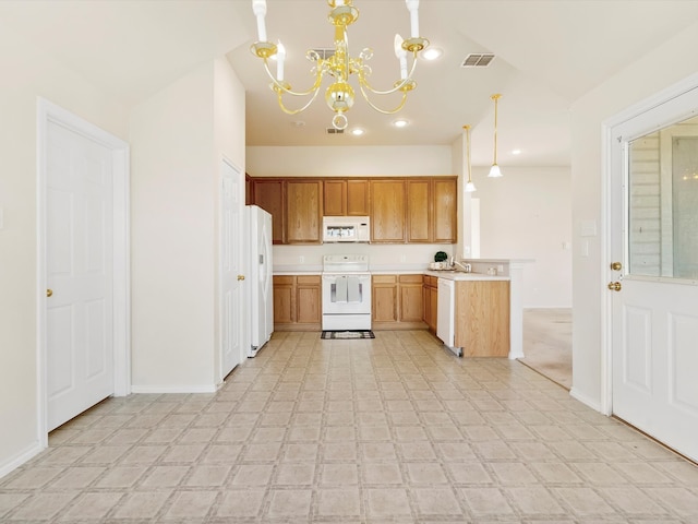 kitchen featuring visible vents, white appliances, a notable chandelier, and light countertops