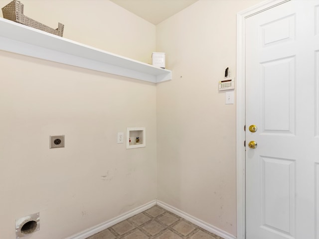 laundry area featuring baseboards, light floors, laundry area, hookup for a washing machine, and electric dryer hookup