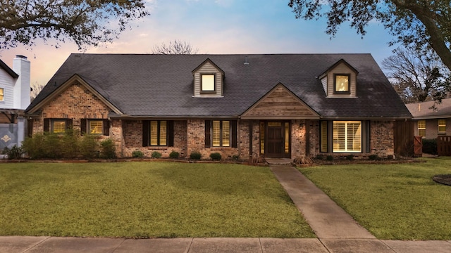 view of front of property featuring brick siding, a front yard, and a shingled roof