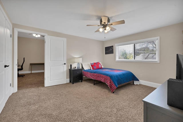 bedroom featuring baseboards, carpet, and a ceiling fan