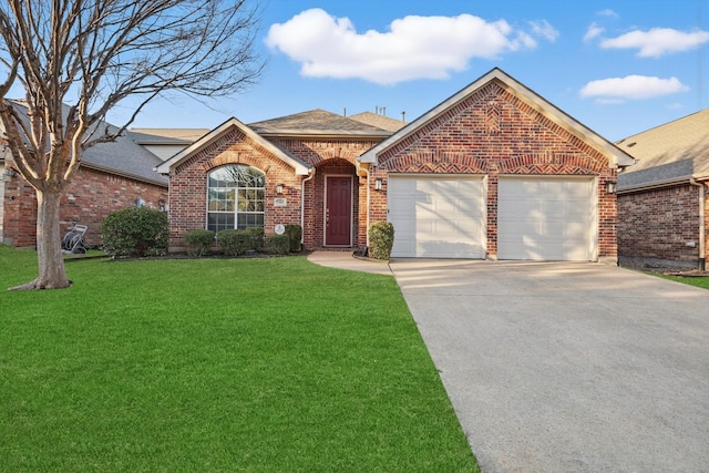 single story home with a front yard, roof with shingles, an attached garage, concrete driveway, and brick siding