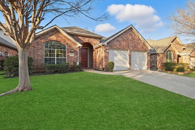 view of front facade featuring roof with shingles, a front lawn, concrete driveway, a garage, and brick siding