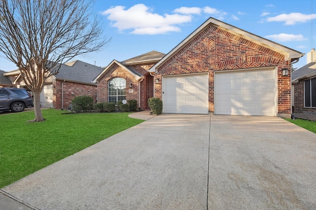 single story home featuring brick siding, an attached garage, concrete driveway, and a front yard