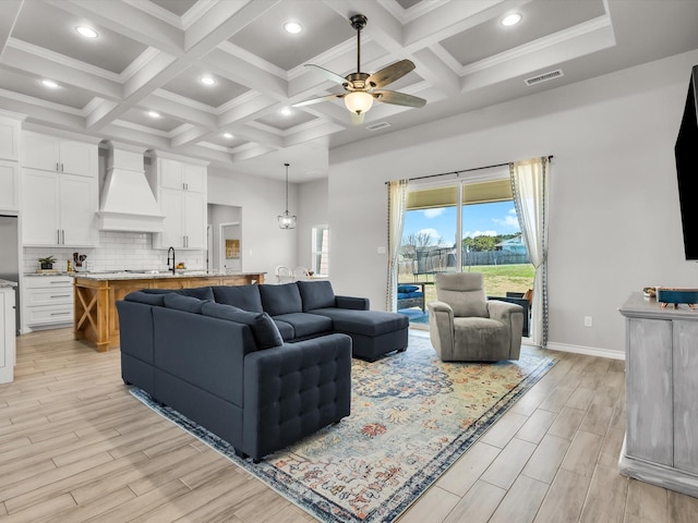 living area with visible vents, beamed ceiling, coffered ceiling, and wood tiled floor