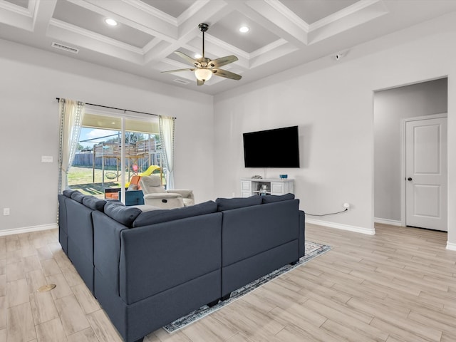 living room featuring visible vents, baseboards, beamed ceiling, light wood-style floors, and a ceiling fan