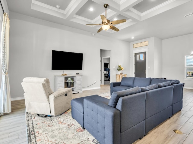 living area with light wood-type flooring, coffered ceiling, beamed ceiling, and visible vents