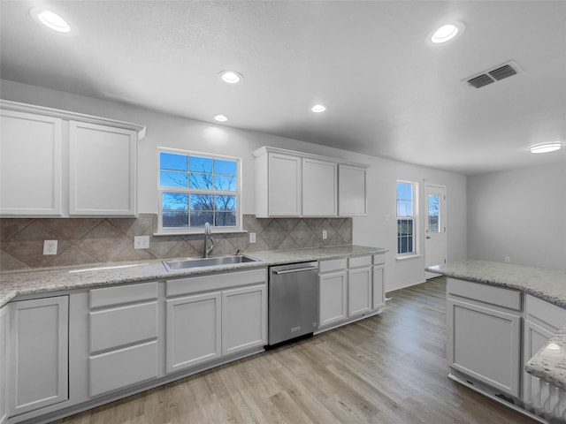 kitchen featuring visible vents, light wood-type flooring, a sink, backsplash, and dishwasher