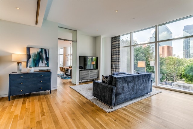 living area with light wood-style floors and expansive windows