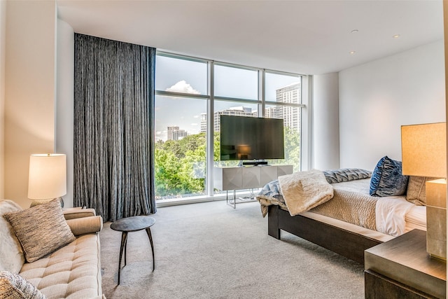 living room featuring a wall of windows and carpet flooring