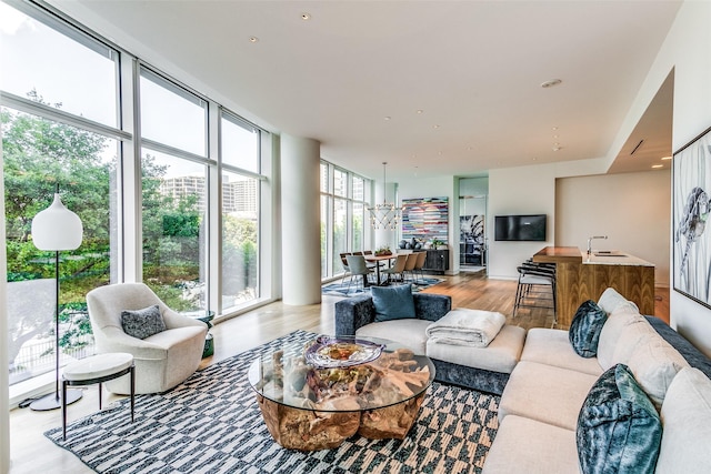 living area featuring expansive windows and light wood finished floors